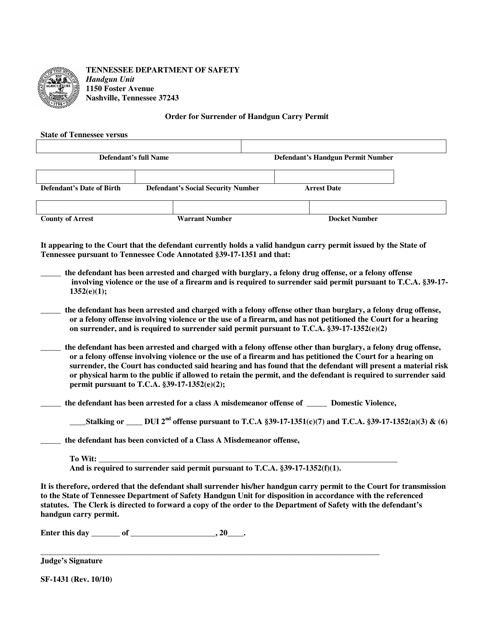 Form SF-1431 Order for Surrender of Handgun Carry Permit - Tennessee