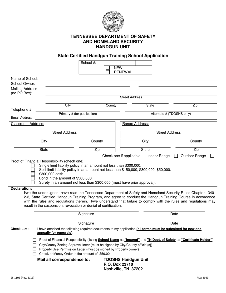 Form SF-1105 State Certified Handgun Training School Application - Tennessee, Page 1