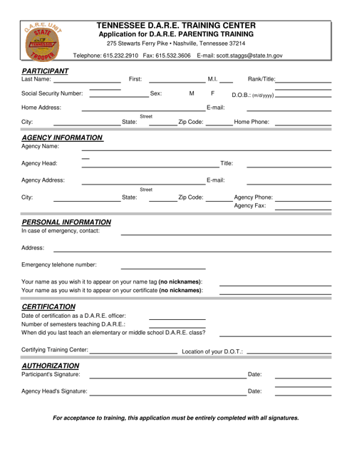 Application for D.a.r.e. Parenting Training - Tennessee