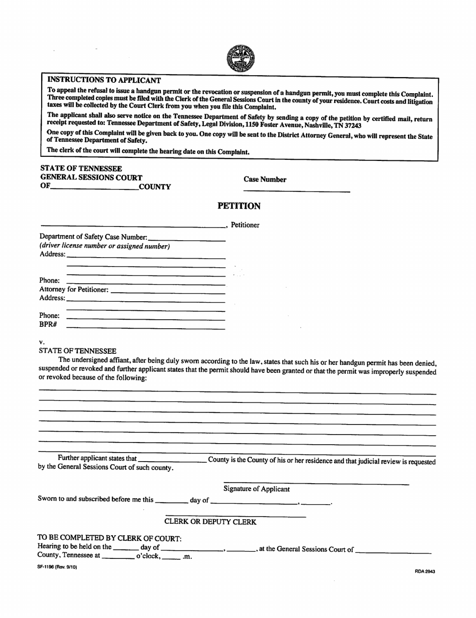Form SF-1196 Petition - Tennessee, Page 1