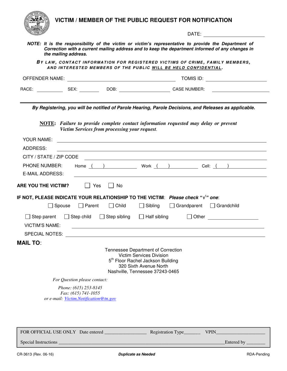 Form CR-3613 Victim / Member of the Public Request for Notification - Tennessee, Page 1