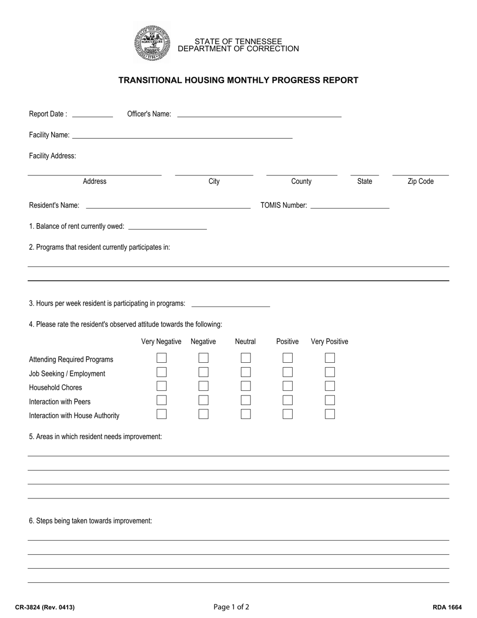 Form CR-3824 Transitional Housing Monthly Progress Report - Tennessee, Page 1