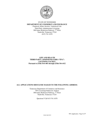 Document preview: Life and Health Third Party Administrators ("tpa") Licensing Packet - Tennessee