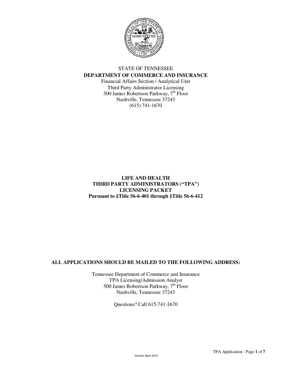 Life and Health Third Party Administrators (tpa) Licensing Packet - Tennessee, Page 1