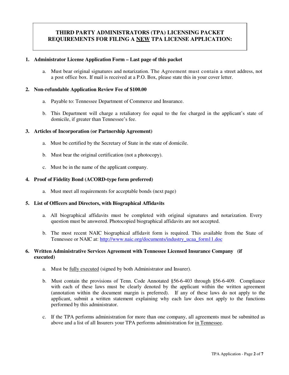 Life and Health Third Party Administrators (tpa) Licensing Packet - Tennessee, Page 2