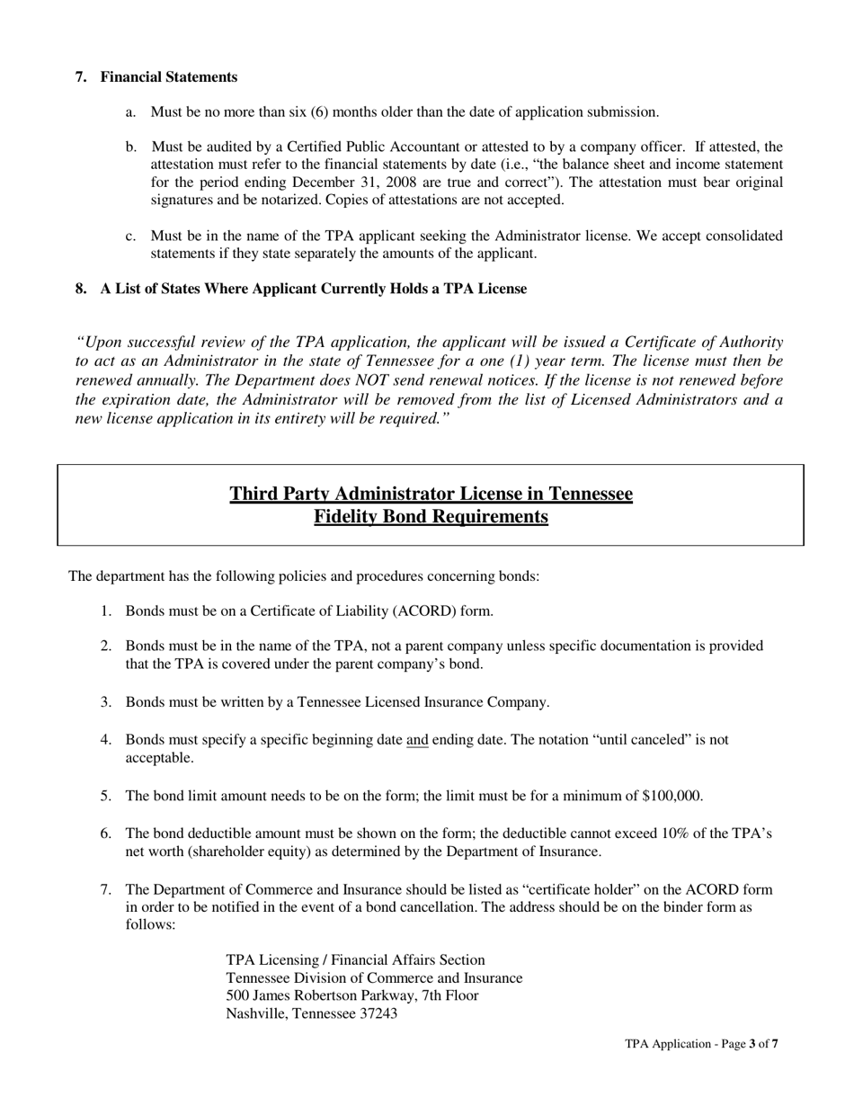 Life and Health Third Party Administrators (tpa) Licensing Packet - Tennessee, Page 3
