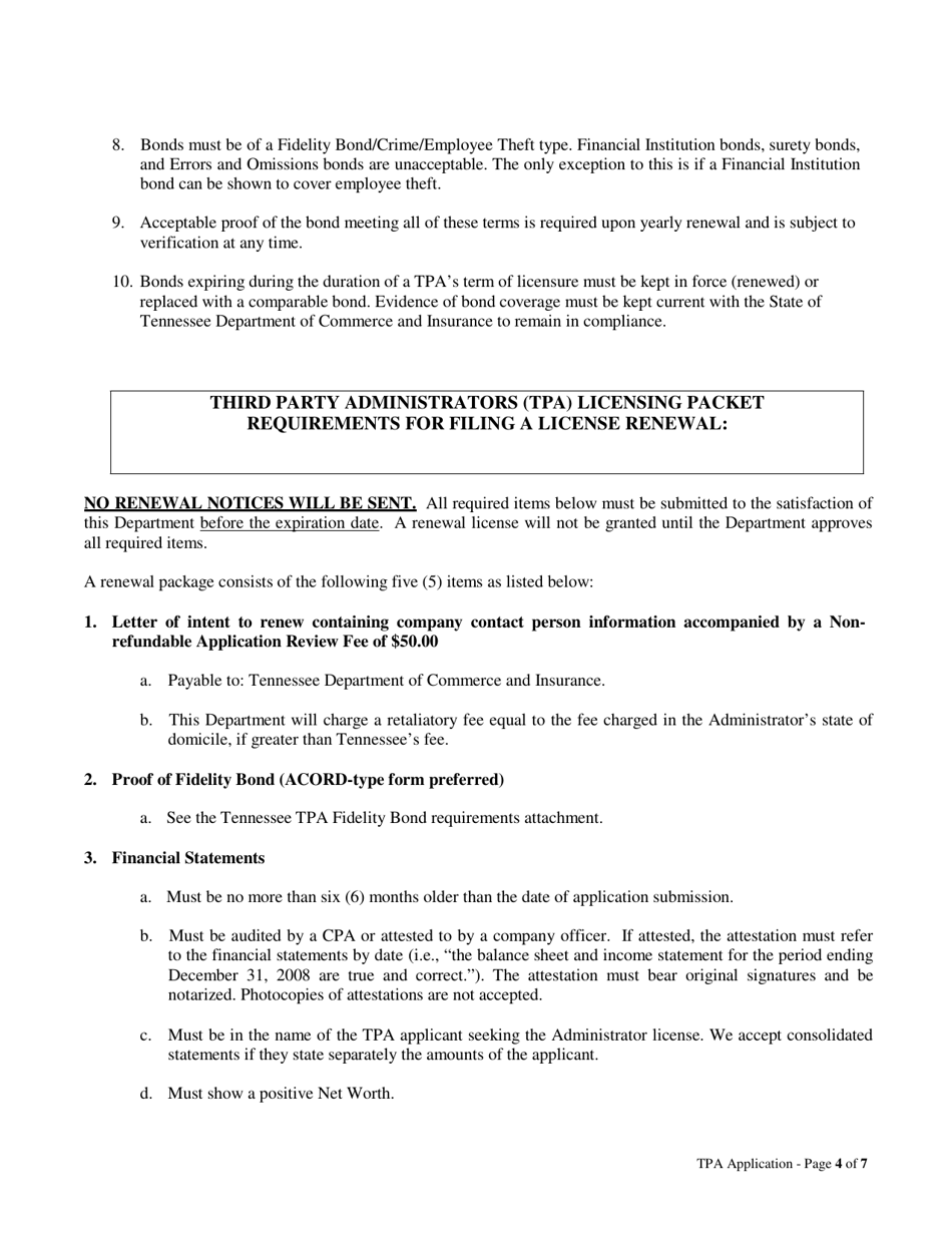 Life and Health Third Party Administrators (tpa) Licensing Packet - Tennessee, Page 4