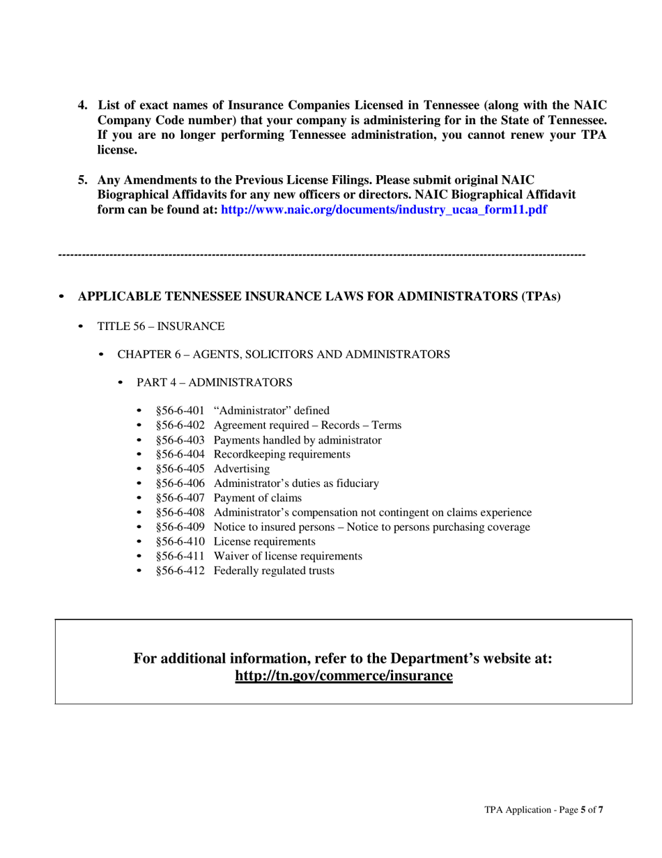 Life and Health Third Party Administrators (tpa) Licensing Packet - Tennessee, Page 5