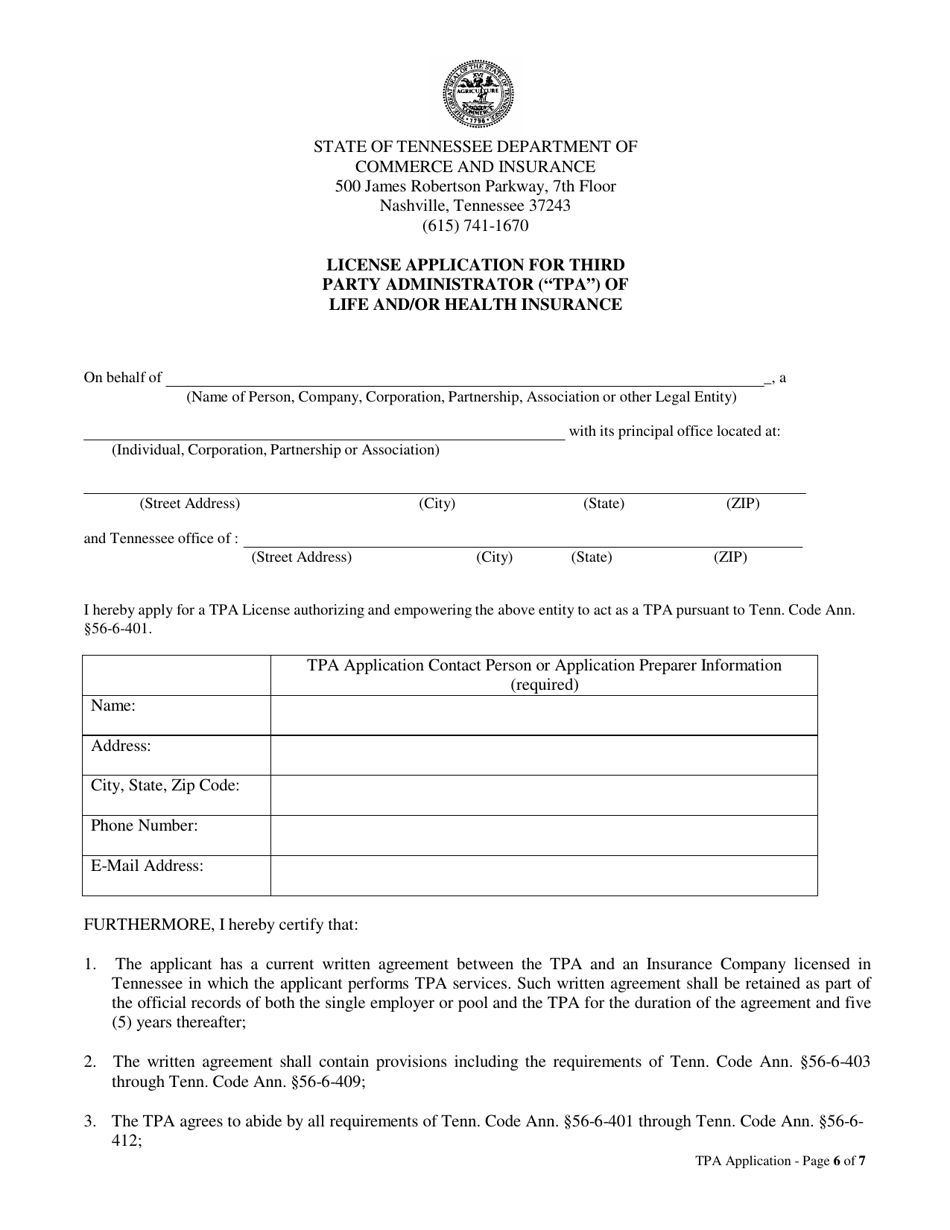 Life and Health Third Party Administrators (tpa) Licensing Packet - Tennessee, Page 6