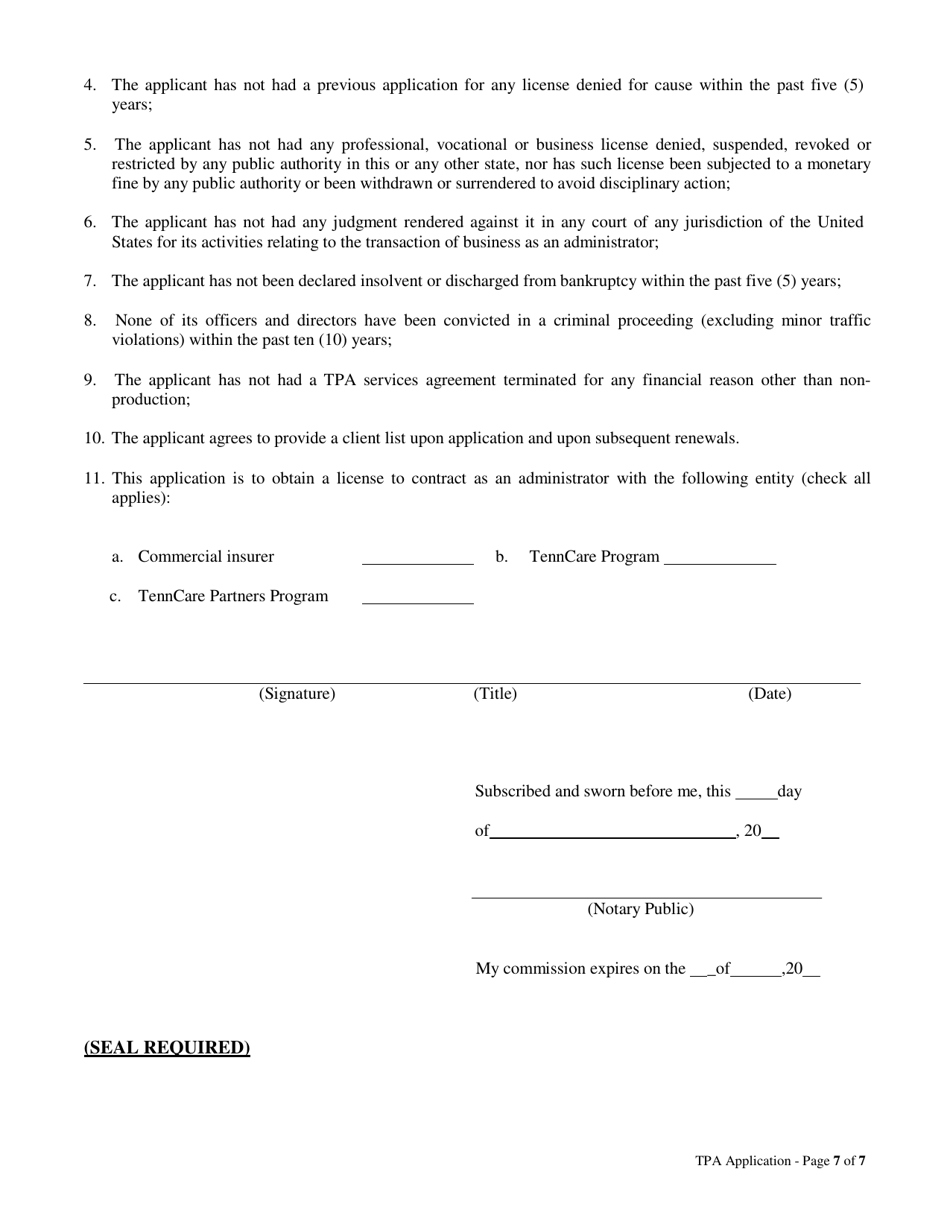 Life and Health Third Party Administrators (tpa) Licensing Packet - Tennessee, Page 7