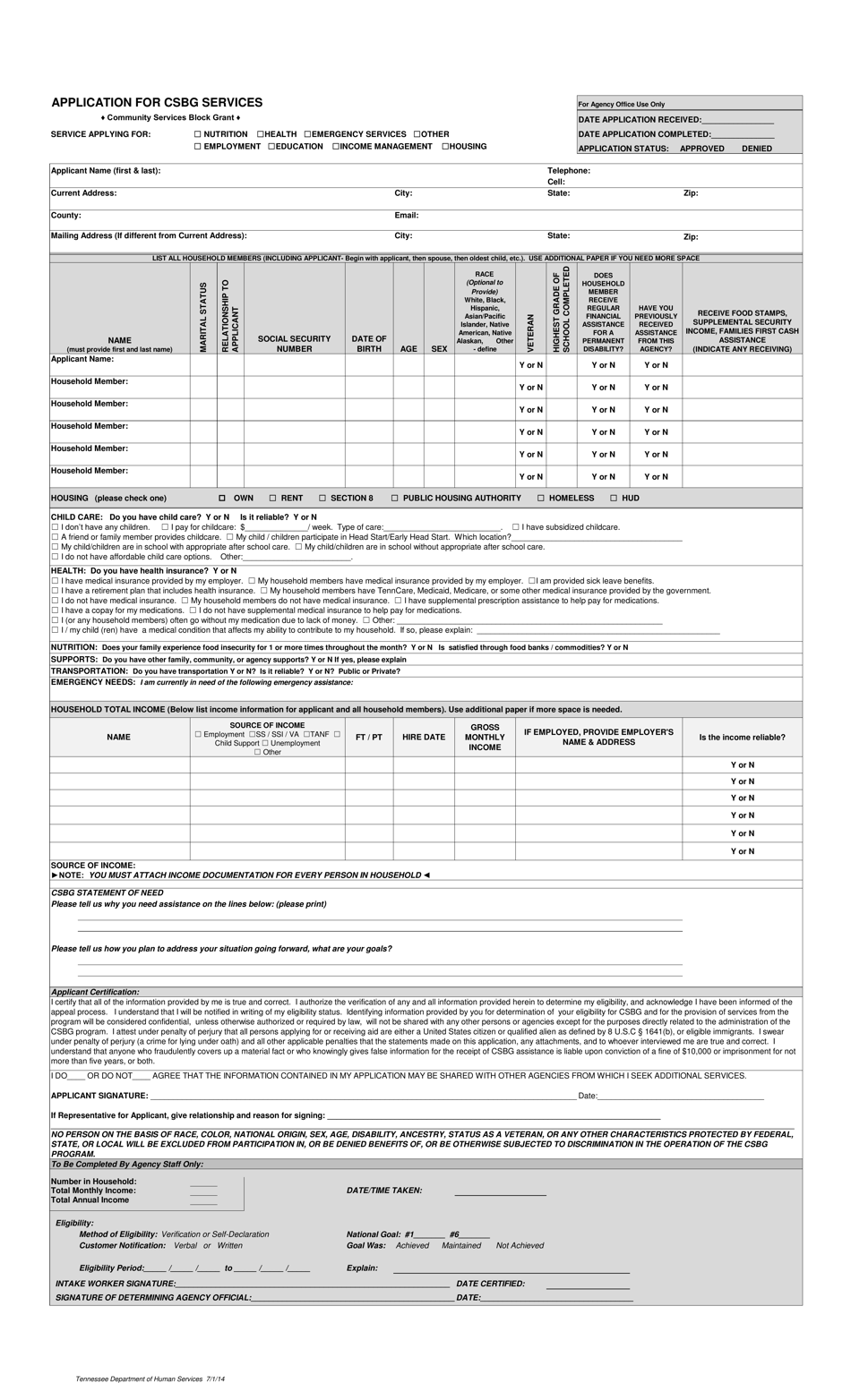 Application for Csbg Services - Tennessee, Page 1