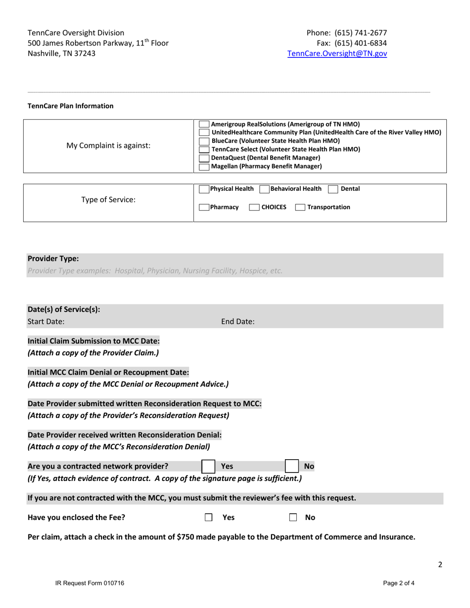 Request to Commissioner for Independent Review of Disputed Tenncare Claim - Tennessee, Page 2