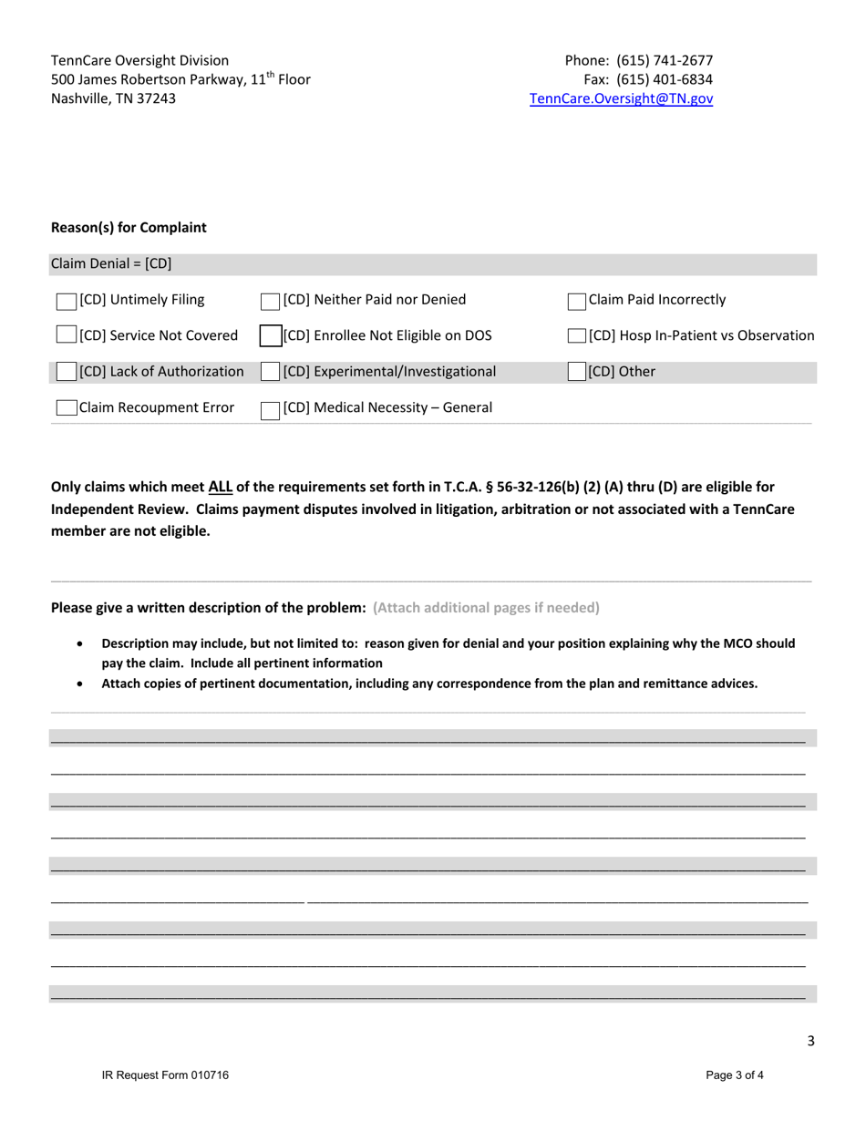 Request to Commissioner for Independent Review of Disputed Tenncare Claim - Tennessee, Page 3