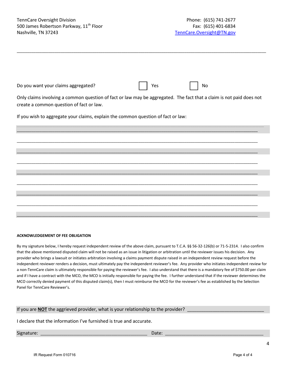 Request to Commissioner for Independent Review of Disputed Tenncare Claim - Tennessee, Page 4