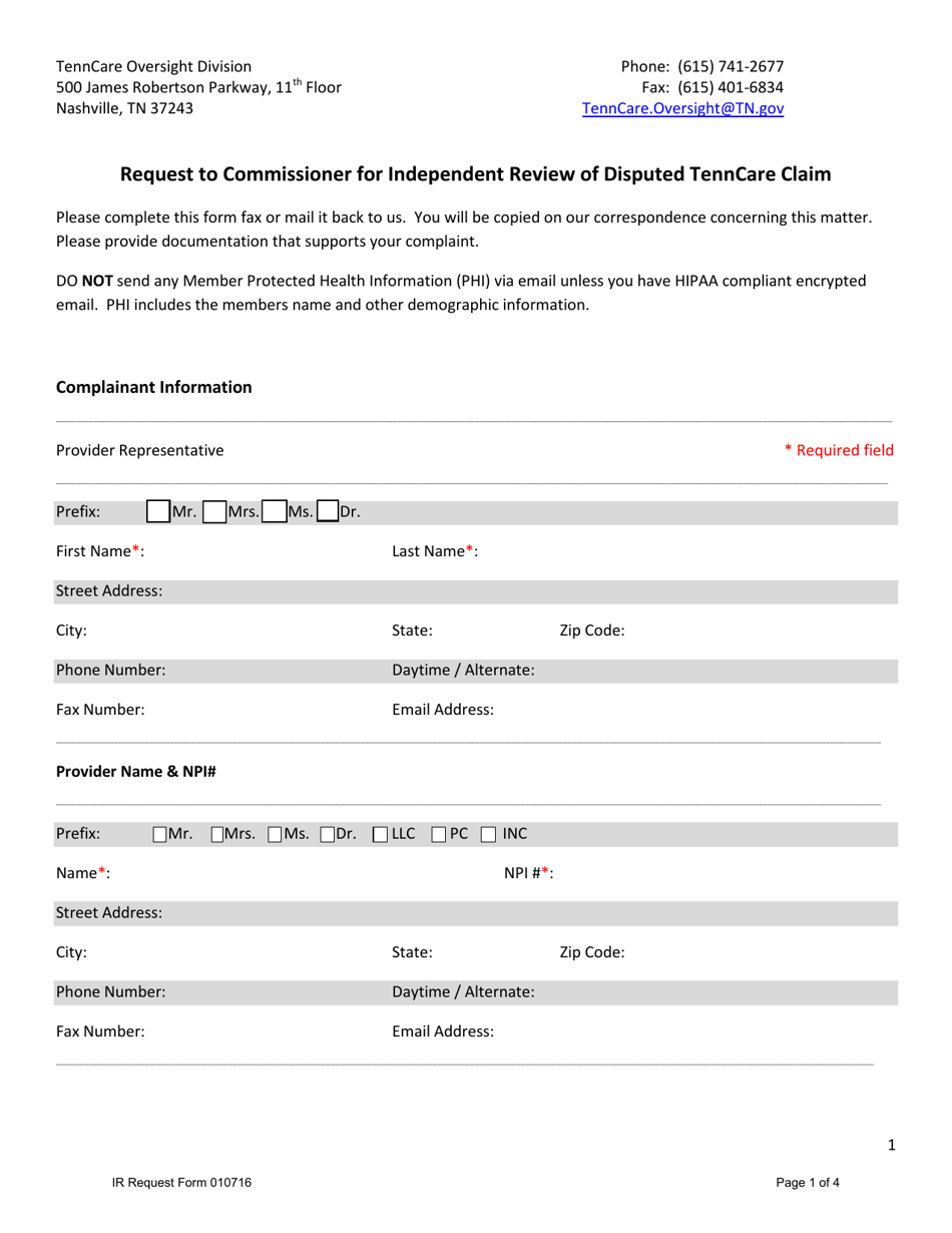 Tennessee Request to Commissioner for Independent Review of Disputed