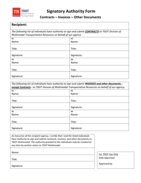 Signatory Authority Form - Tennessee Download Pdf