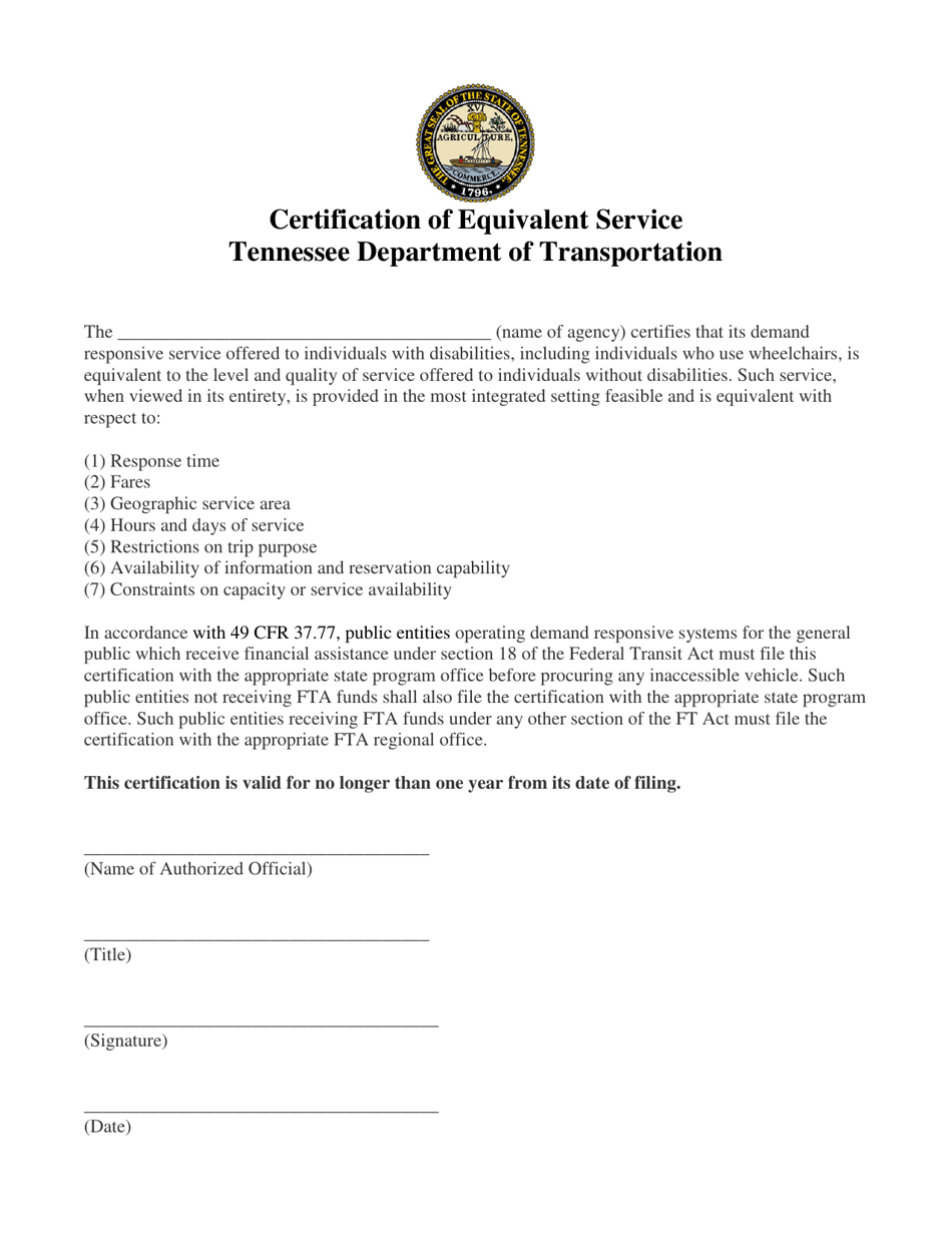 Certification of Equivalent Service - Tennessee, Page 1