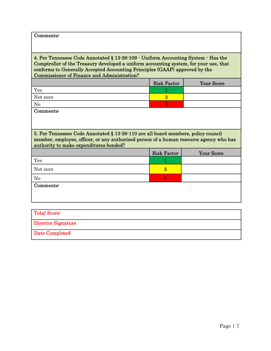 Risk Assessment Questionnaire - Tennessee, Page 7