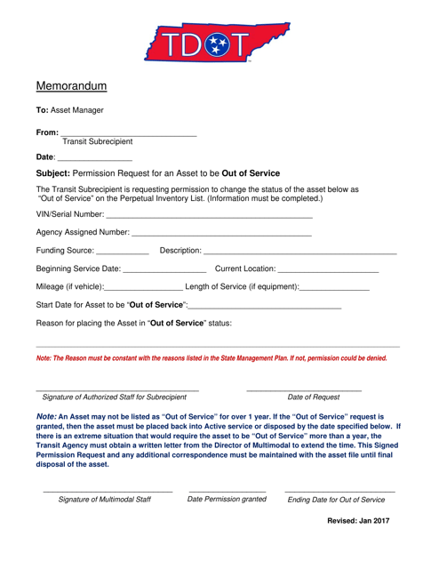 Permission Request for an Asset to Be out of Service - Tennessee Download Pdf