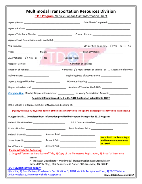 5310 Program: Vehicle Capital Asset Information Sheet - Tennessee Download Pdf