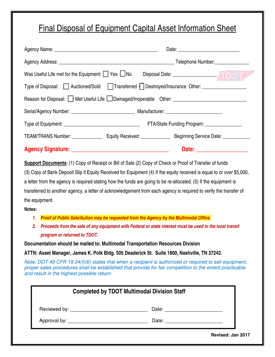 Final Disposal of Equipment Capital Asset Information Sheet - Tennessee, Page 1