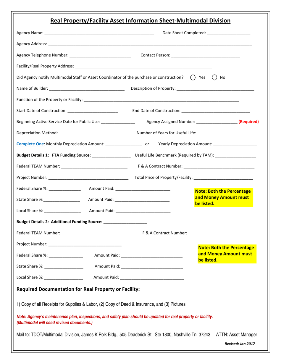 Tennessee Real Property/Facility Asset Information Sheetmultimodal