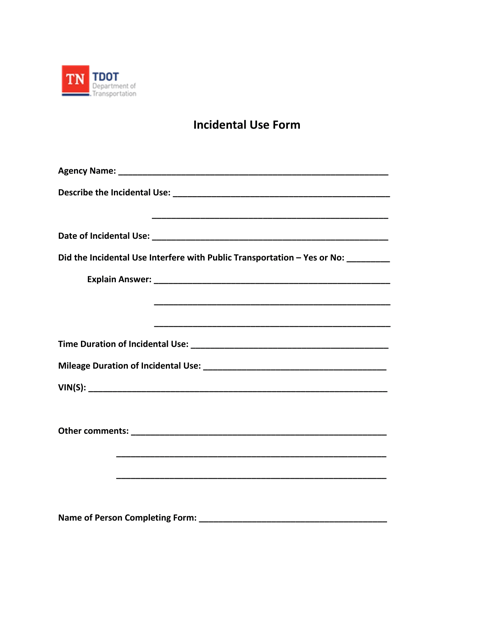 Incidental Use Form - Tennessee Download Pdf