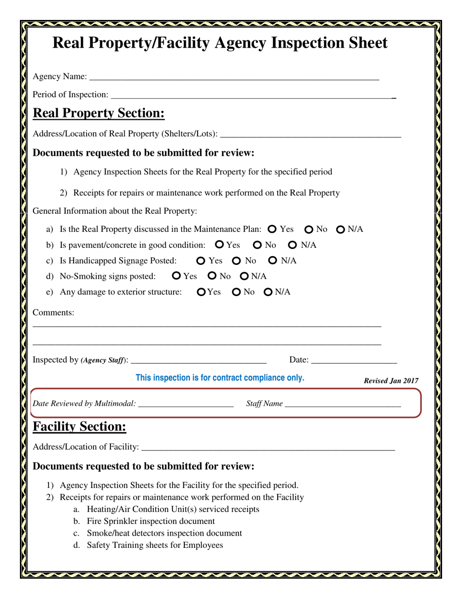 Real Property / Facility Agency Inspection Sheet - Tennessee, Page 1