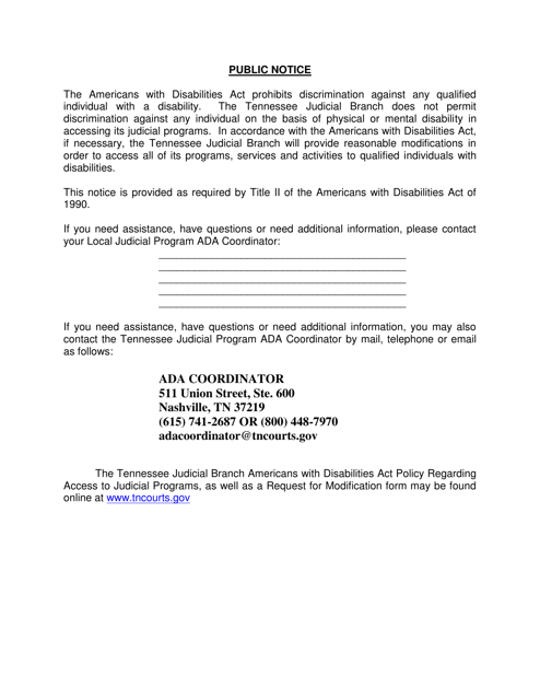 Ada Public Notice Form - Tennessee Download Pdf