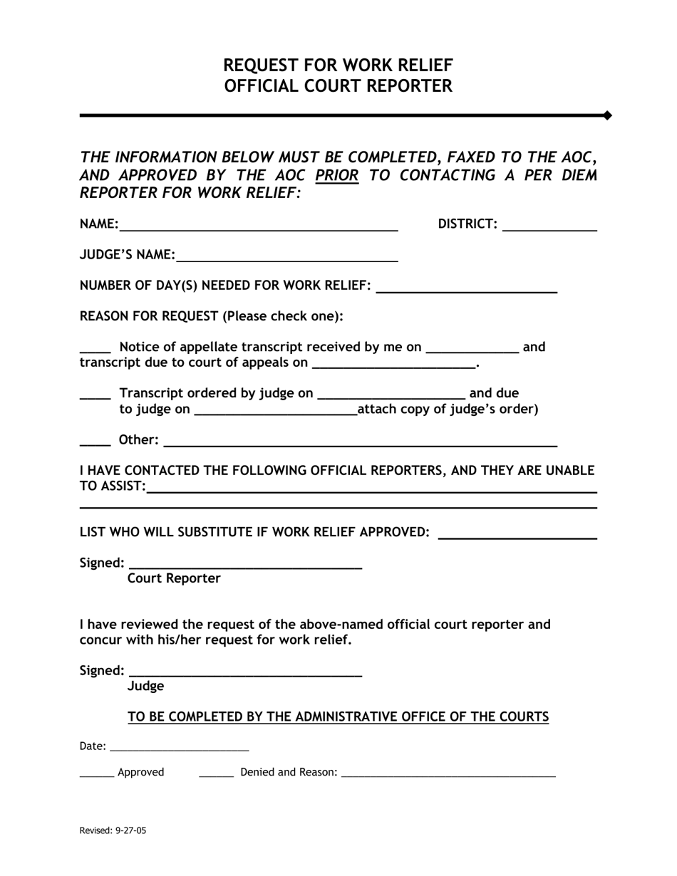 Request for Work Relief Official Court Reporter - Tennessee, Page 1