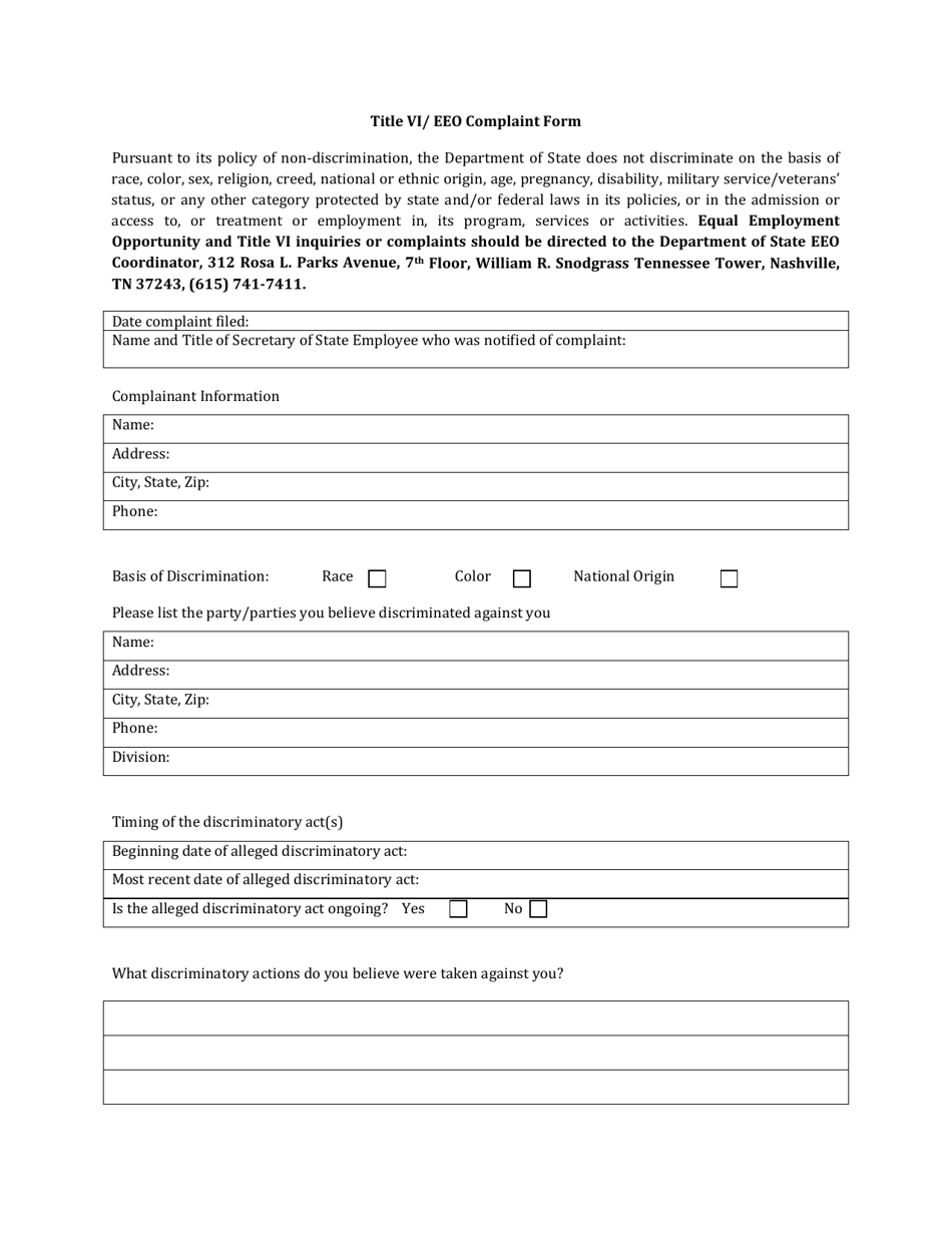 Title VI / EEO Complaint Form - Tennessee, Page 1