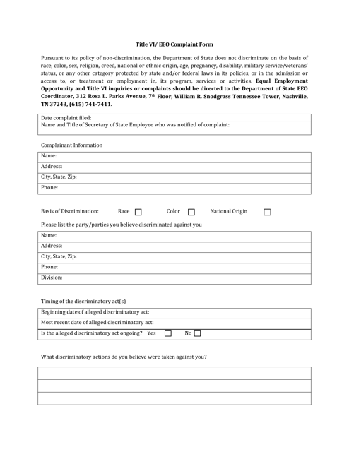 Title VI / EEO Complaint Form - Tennessee Download Pdf