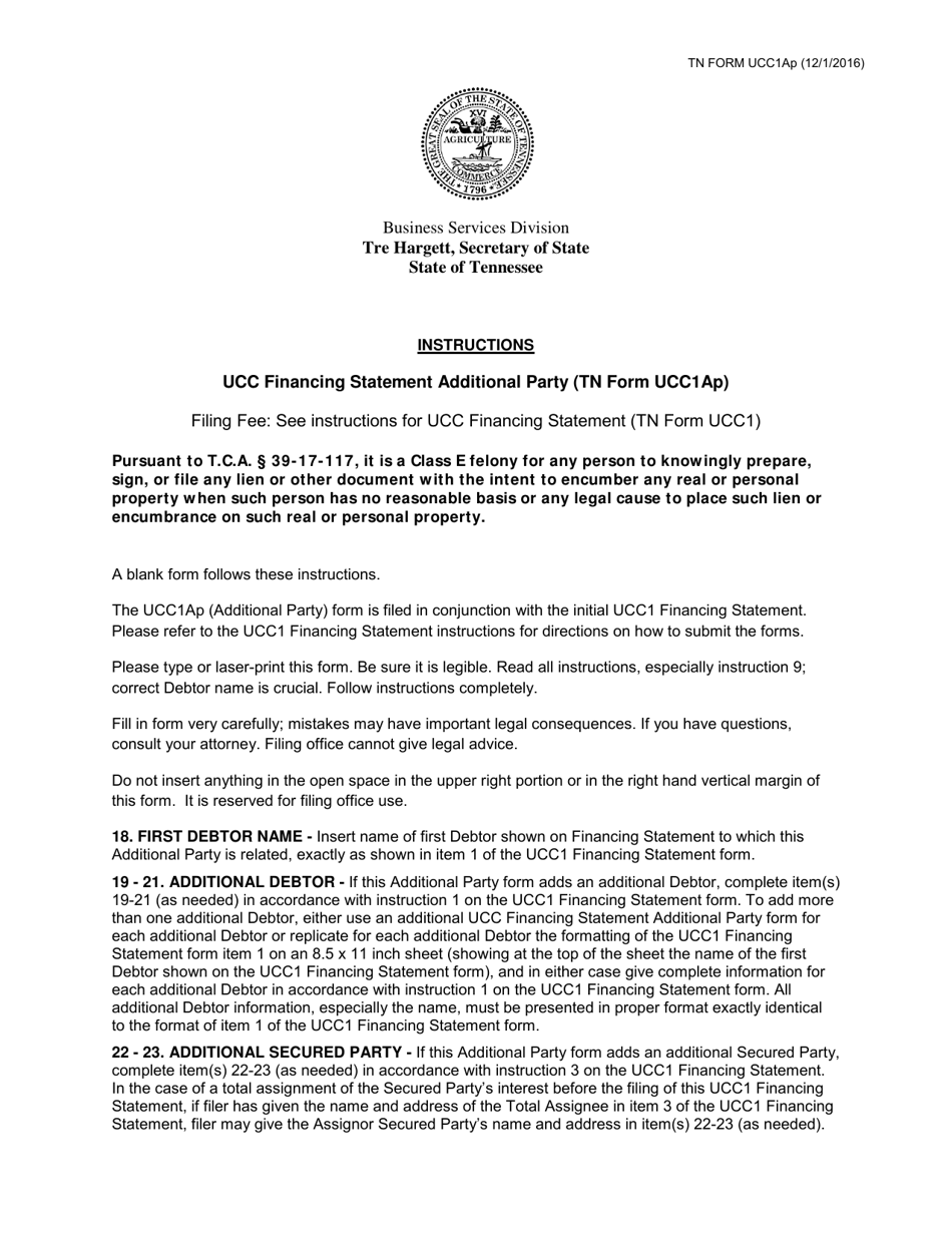 Form UCC1AP Ucc Financing Statement Additional Party - Tennessee, Page 1