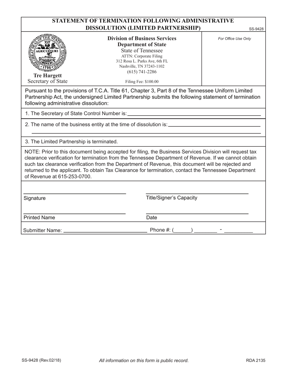 Form SS-9428 Statement of Termination Following Administrative Dissolution (Limited Partnership) - Tennessee, Page 3