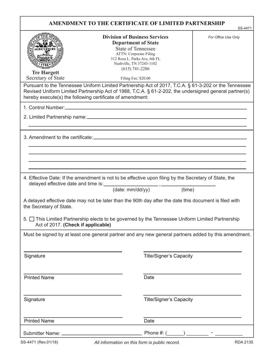 Form SS-4471 Amendment to the Certificate of Limited Partnership - Tennessee, Page 3