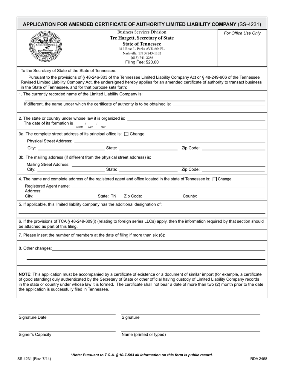 Form SS-4231 Application for Amended Certificate of Authority Limited Liability Company - Tennessee, Page 1