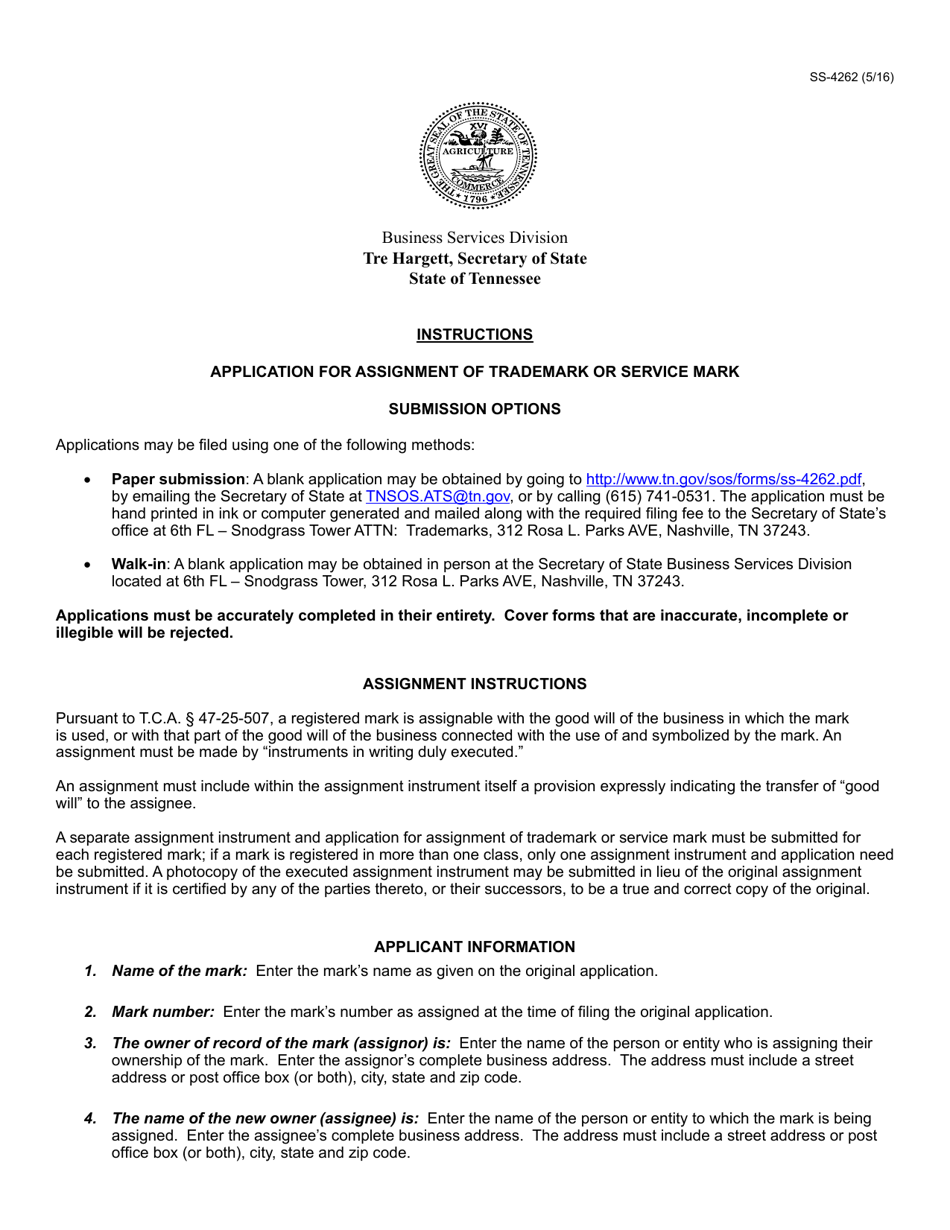 Form SS-4262 Application for Assignment of Trademark or Service Mark - Tennessee, Page 1