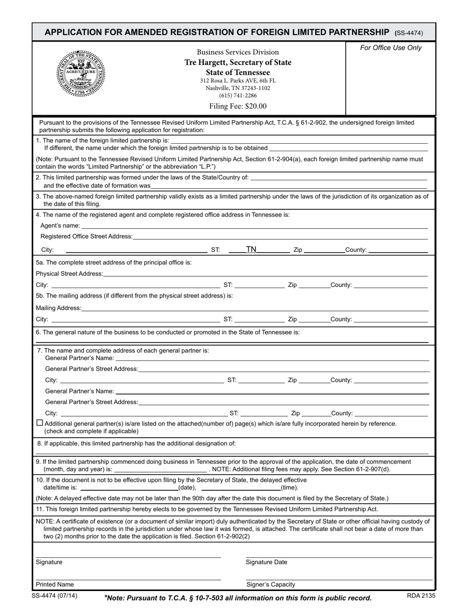 Form SS-4474 Application for Amended Registration of Foreign Limited Partnership - Tennessee, Page 1