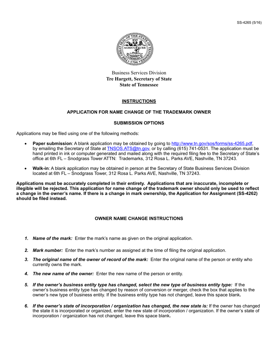 Form SS-4265 Application for Name Change of the Trademark Owner - Tennessee, Page 1