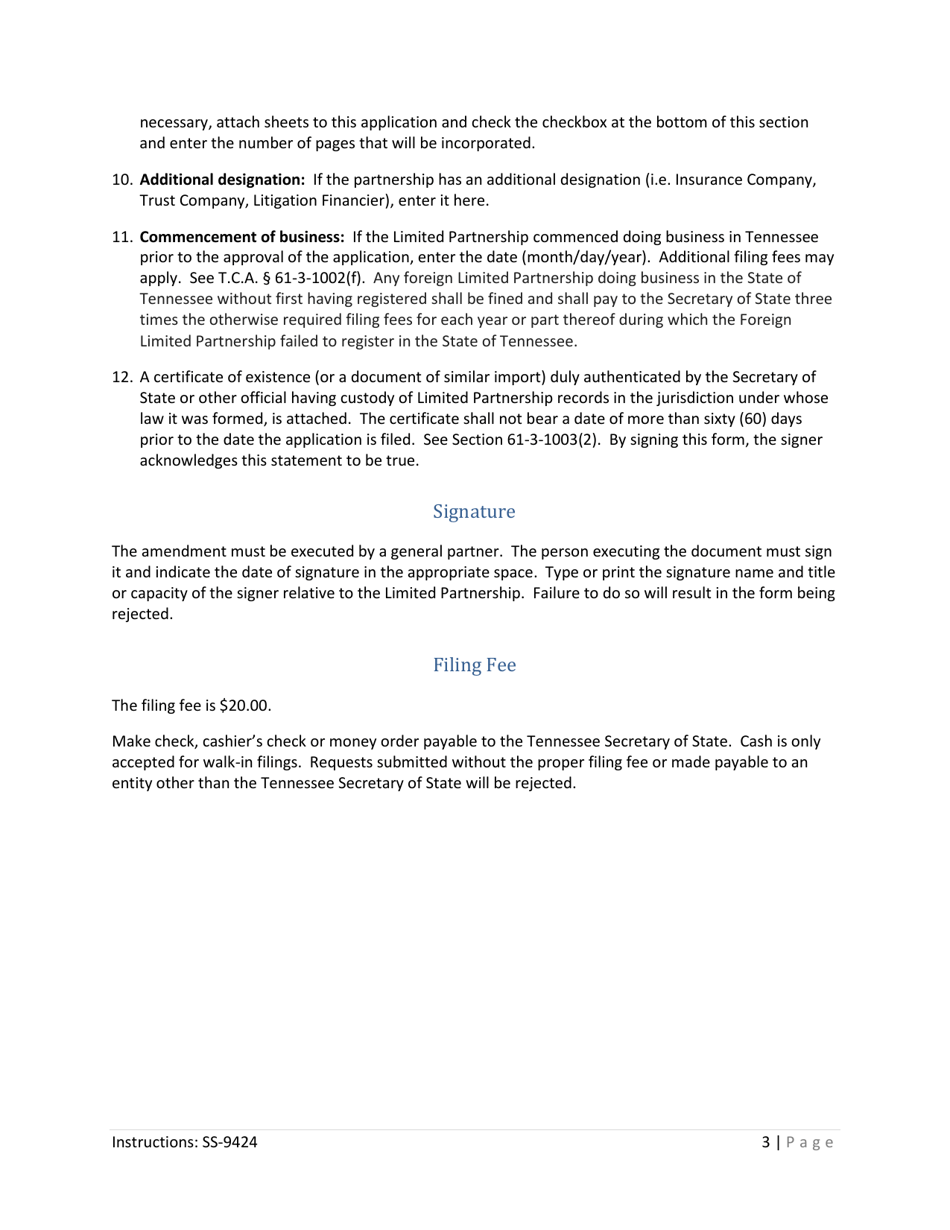 Form SS-9424 Application for Amendment of Registration of Foreign Limited Partnership - Tennessee, Page 3