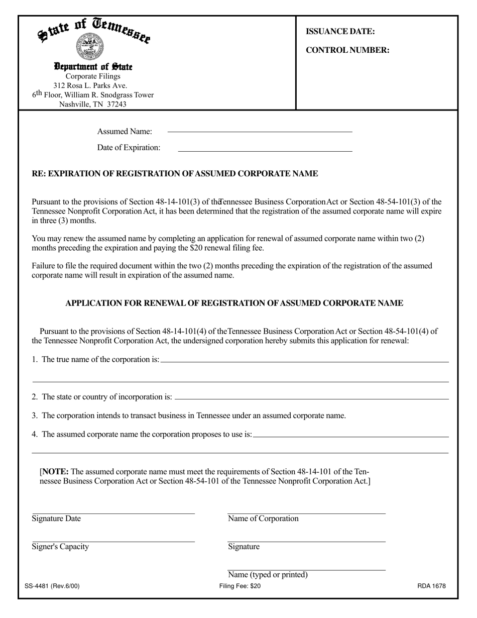 Form SS-4481 Application for Renewal of Registration of Assumed Name - Tennessee, Page 1