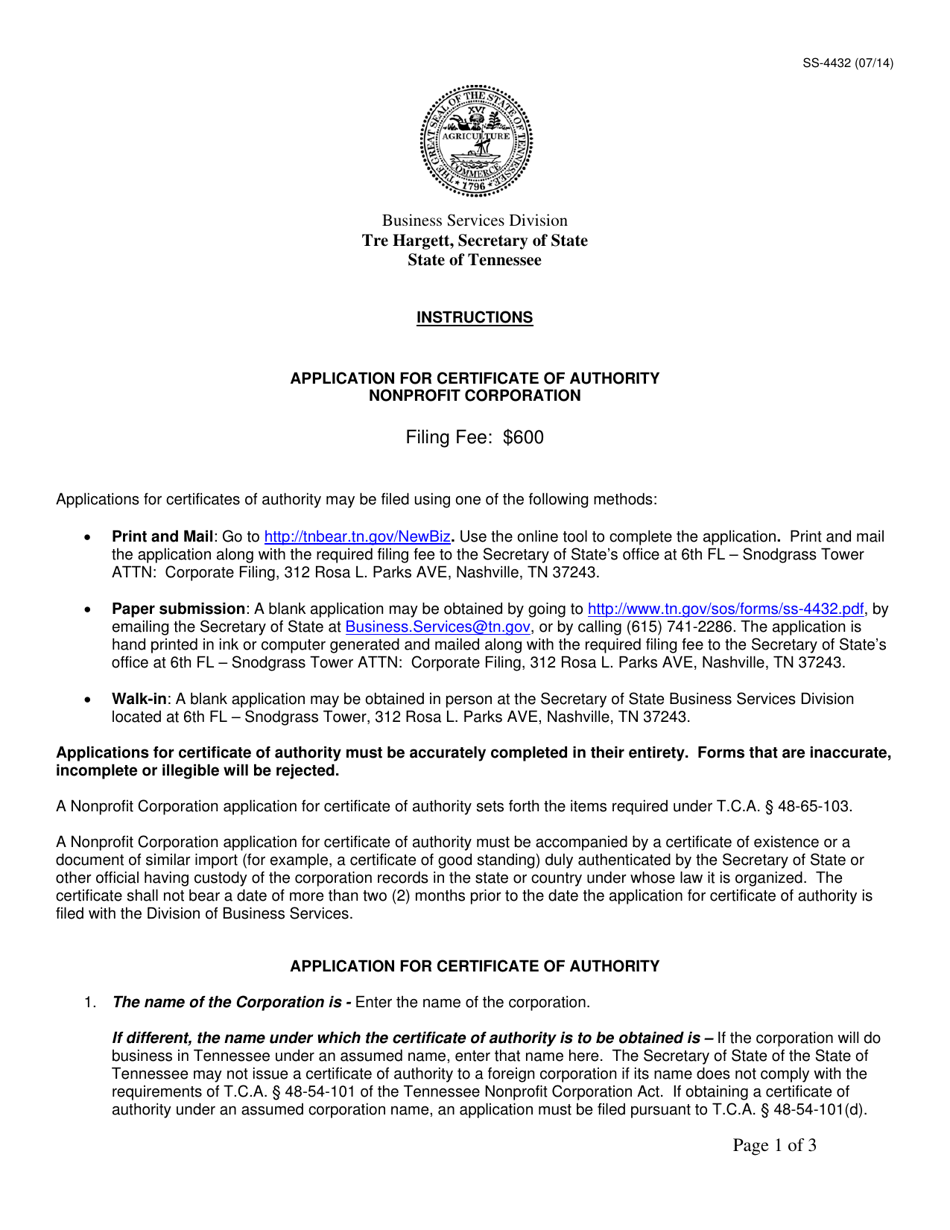 Form SS-4432 Application for Certificate of Authority Nonprofit Corporation - Tennessee, Page 1