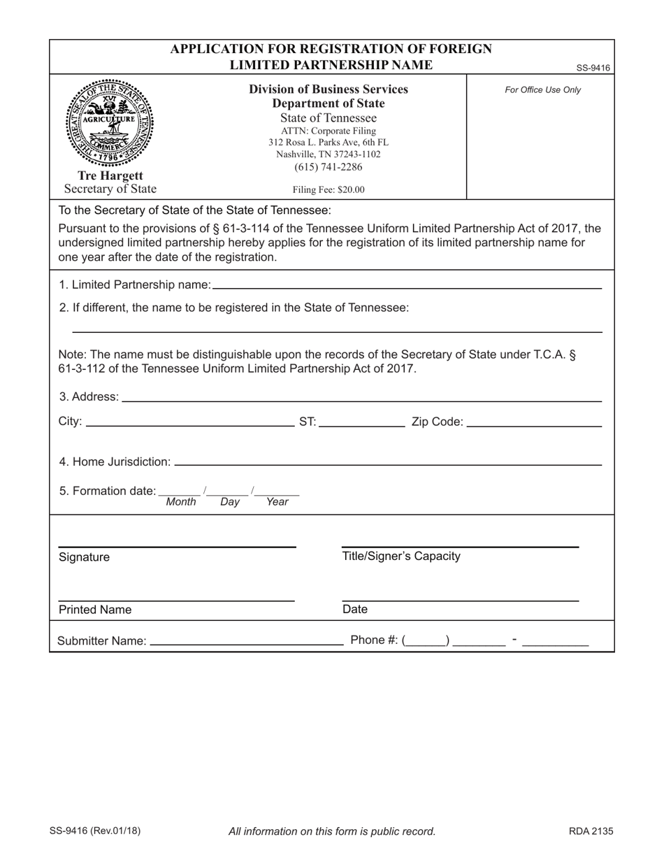 Form SS-9416 Application for Registration of Foreign Limited Partnership Name - Tennessee, Page 3