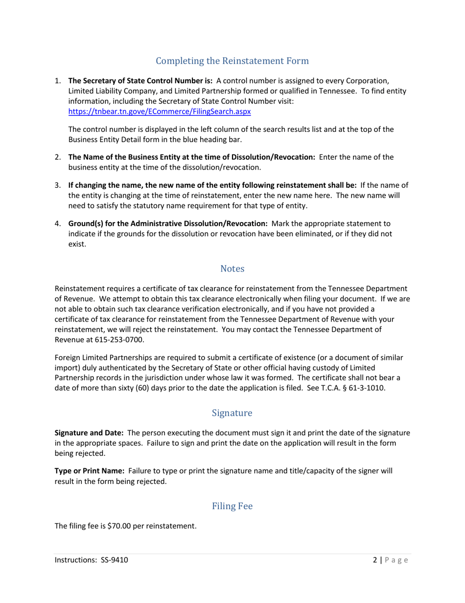 Form SS-9410 Application for Reinstatement Following Administrative Dissolution / Revocation - Tennessee, Page 2