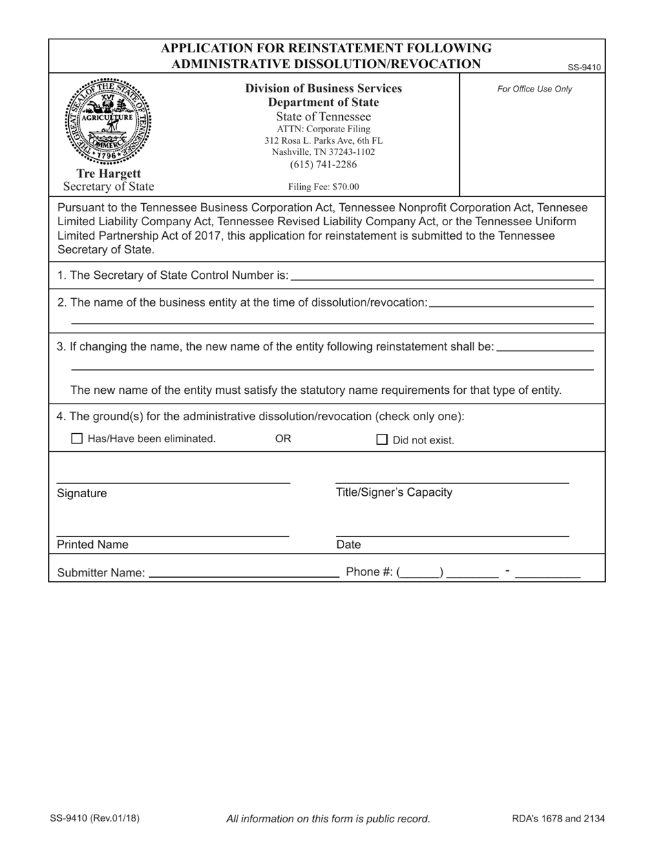 Form SS-9410 Application for Reinstatement Following Administrative Dissolution / Revocation - Tennessee, Page 4