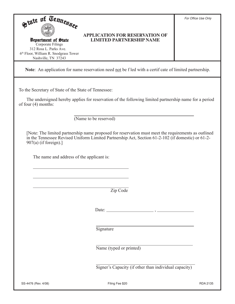Form SS-4476 Application for Reservation of Limited Partnership Name - Tennessee, Page 1