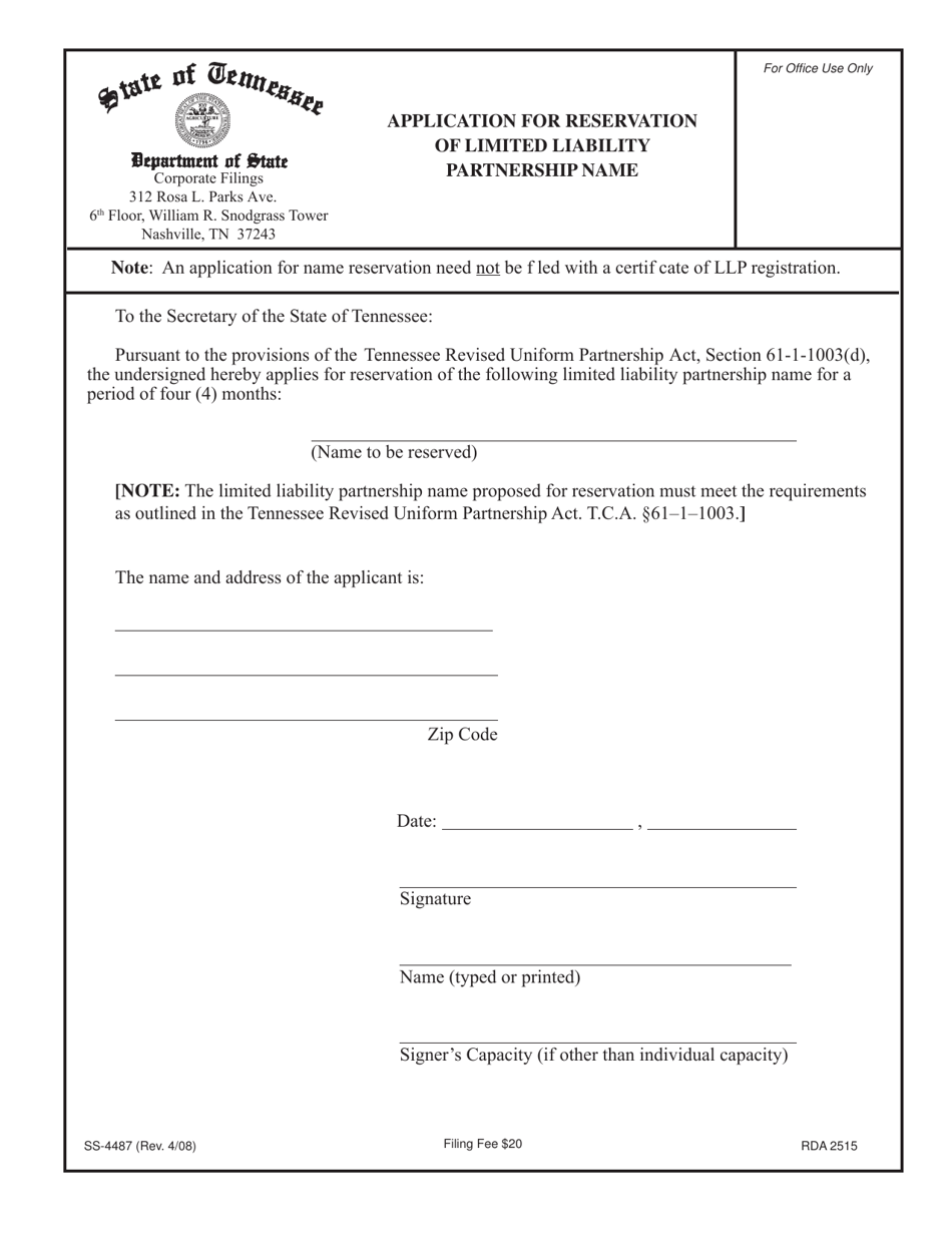 Form SS-4487 Application for Reservation of Limited Liability Partnership Name - Tennessee, Page 1