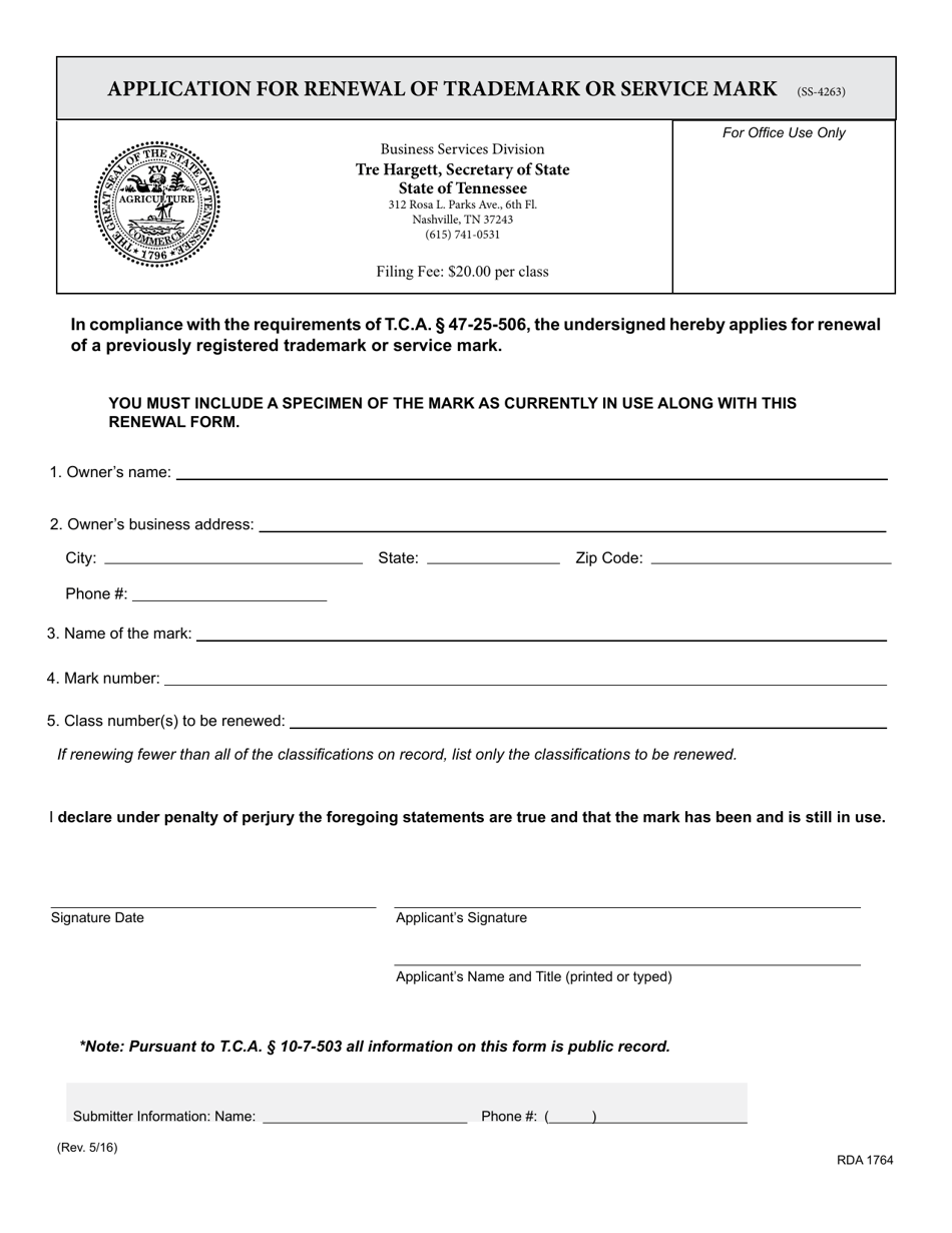 Form SS-4263 Application for Renewal of Trademark or Service Mark - Tennessee, Page 3