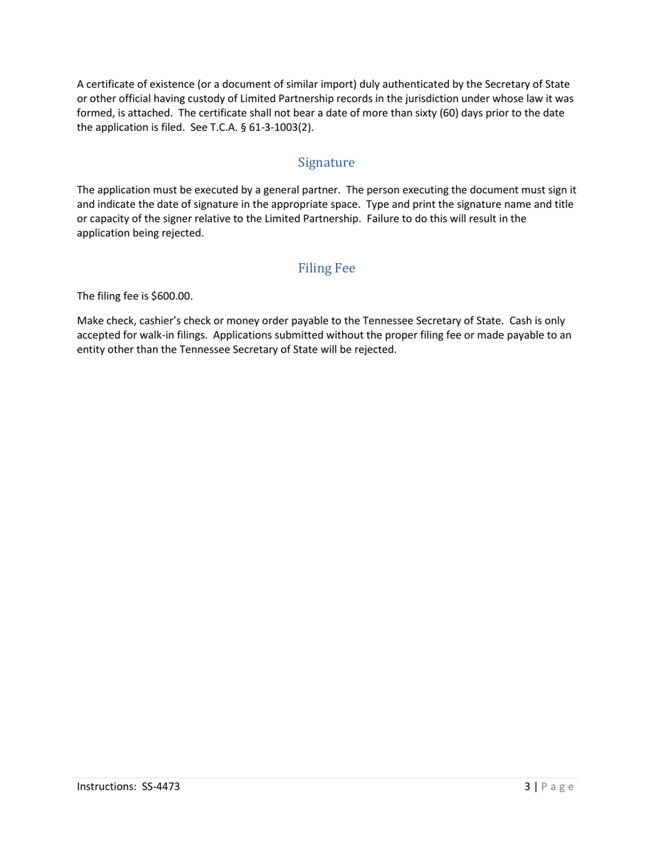 Form SS-4473 Application for Registration of Foreign Limited Partnership - Tennessee, Page 3