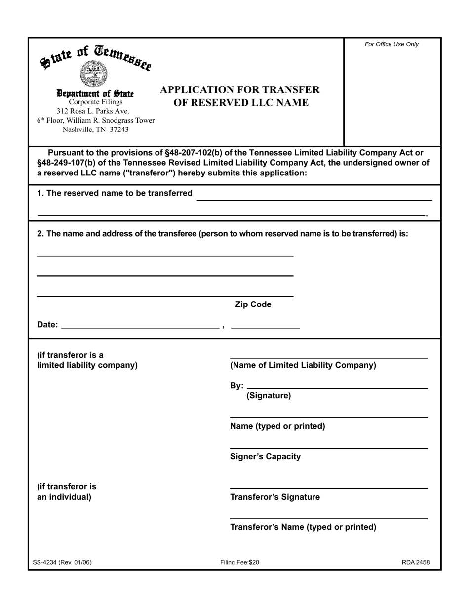 Form SS-4234 Application for Transfer of Reserved LLC Name - Tennessee, Page 1